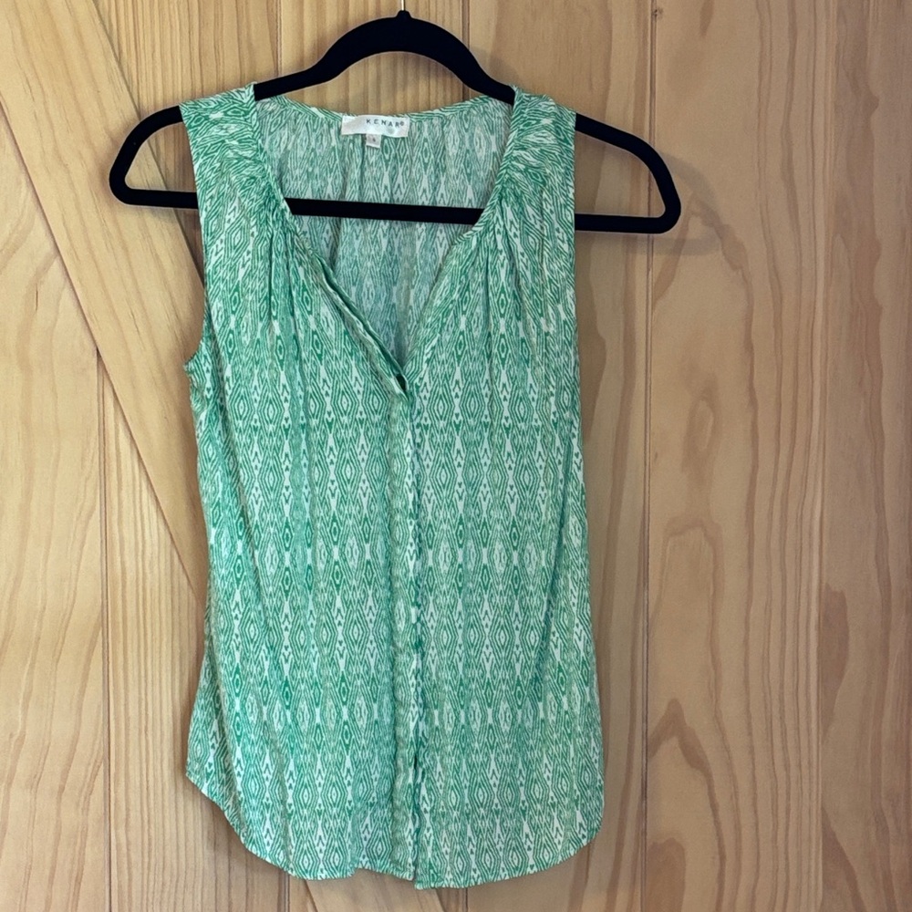 Kenar Green Diamond Geometric Print Sleeveless V-Neck Blouse Size Small